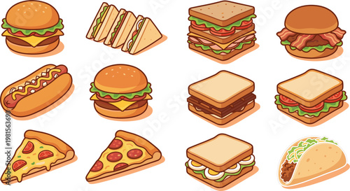 Fast Food Icon Set with Burgers, Sandwiches, Pizza, Hot Dogs, and Tacos for Snack, Restaurant, and Quick Meal Designs