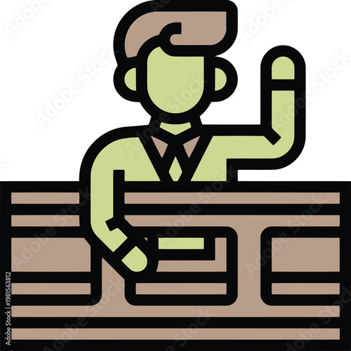 Man at podium waving hand, lawyer or speaker in courtroom, business presentation, public speaking event, educational lecture, conference attendee