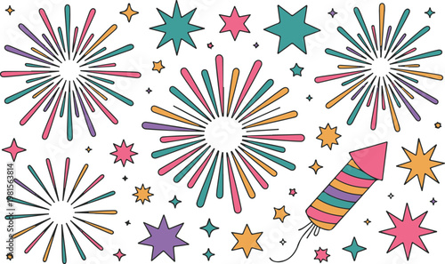 Colorful fireworks and festive firecracker rocket isolated on transparent background festive design elements.