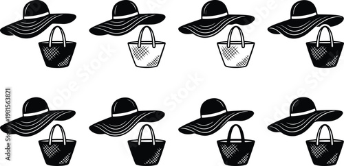 Pattern of black and white summer hats and beach bags with woven texture on a transparent background