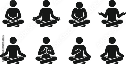 Set of eight black silhouette figures meditating in lotus pose and other seated yoga positions demonstrating different hand gestures and mindfulness practices on a white background
