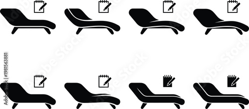 Set of eight black silhouette of a chaise lounge with a small notepad and pen above it, representing relaxation and note-taking on a white background