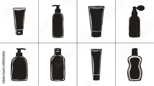 Collection of eight black silhouette representing various cosmetic and personal care bottles and tubes with different dispensing mechanisms and shapes on a white background for easy editing and