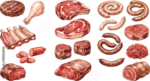 Varied Meat Cuts Icon Set with Steaks, Ribs, Sausages, and Poultry for Butcher Shop, BBQ, and Cooking Designs