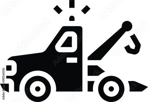 Black tow truck icon, emergency vehicle for car towing and rescue services, isolated on transparent background