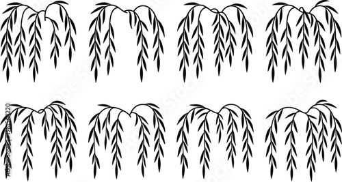 Collection of eight black silhouette weeping willow branches with long slender leaves hanging downwards on a white background in a simple style representing nature and botanical keywords: weeping