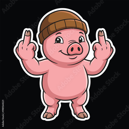pig wearing a beanie hat showing middle fingers A cartoon mascot illustration of an edgy pink