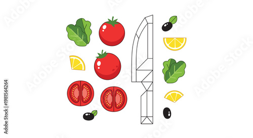 A minimalist flat lay composition features stylized red tomatoes and green lettuce leaves arranged symmetrically around a geometric line art kitchen knife icon.