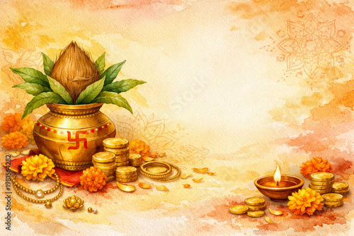 Watercolor akshaya tritiya festival background with golden elements traditional decorations and spiritual symbolism