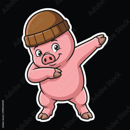 pig wearing a beanie hat doing the dab dance pose A cartoon mascot illustration of a cool pink