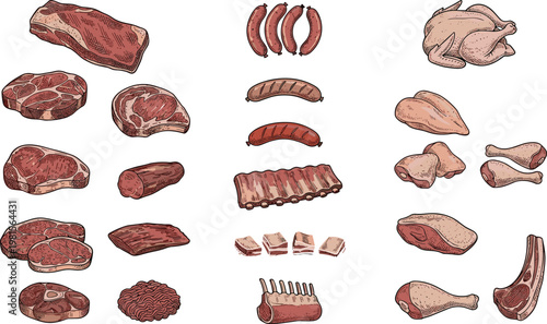 Meat Cuts and Sausage Icon Set with Steaks, Ribs, Chicken, and Pork for Food, Cooking, and Butcher Shop Designs