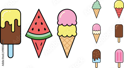 Ice Cream and Popsicle Icon Set with Various Flavors, Cones, and Colorful Toppings for Dessert, Summer, and Food Designs