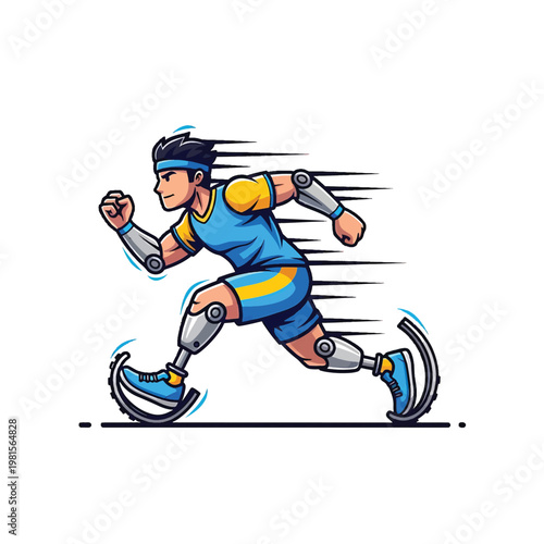 Athlete with prosthetic legs running sprinting motion