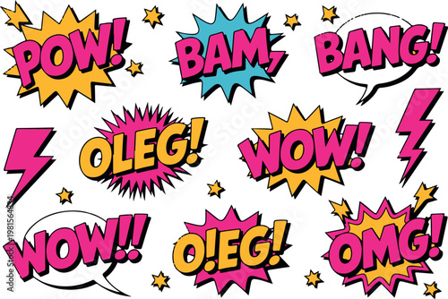 Comic book pop art speech bubbles explosions stars lightning bolts and text.