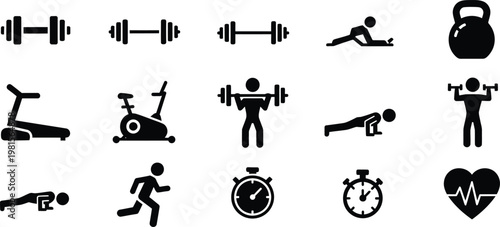 Collection of black and white icons representing gym equipment and fitness activities with exercise bike push up equipment