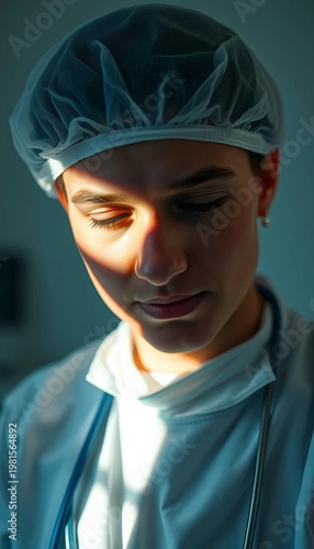 Soft light washes over a kind practitioner's hopeful gaze, a future of healing unveiled,  wellness,  digital