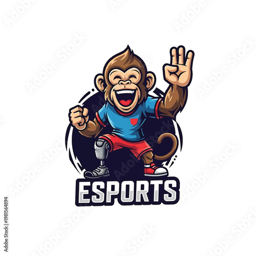 Esports mascot monkey with prosthetic leg cheering