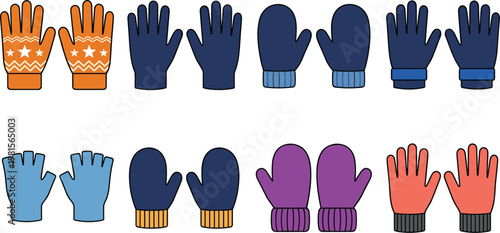 Winter Gloves and Mittens Icon Set with Various Styles, Colors, and Patterns for Cold Weather, Fashion, and Winter Apparel Designs