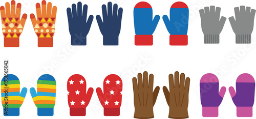 Colorful Winter Gloves and Mittens Icon Set with Fun Patterns, Styles, and Vibrant Colors for Cold Weather, Fashion, and Outdoor Designs