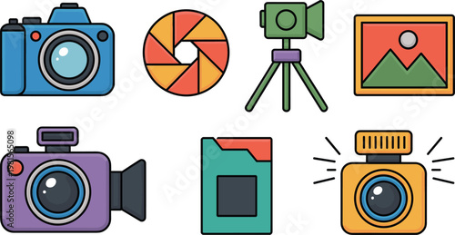 Photography equipment icon set with camera lens tripod memory card flash and image gallery elements