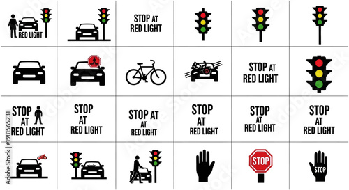 Collection of traffic light icons stop signs and road safety symbols illustrating traffic signals pedestrian crossings and vehicle interaction with clear red light warnings
