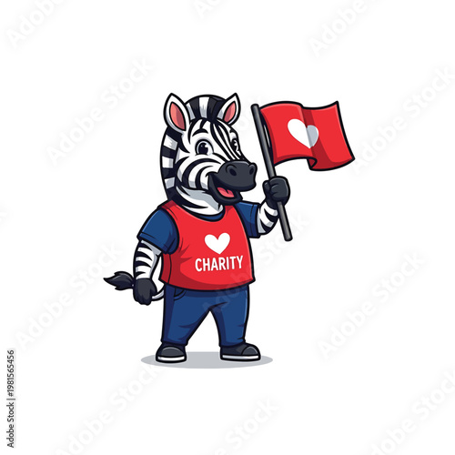 Zebra mascot charity flag bearer in red shirt with heart