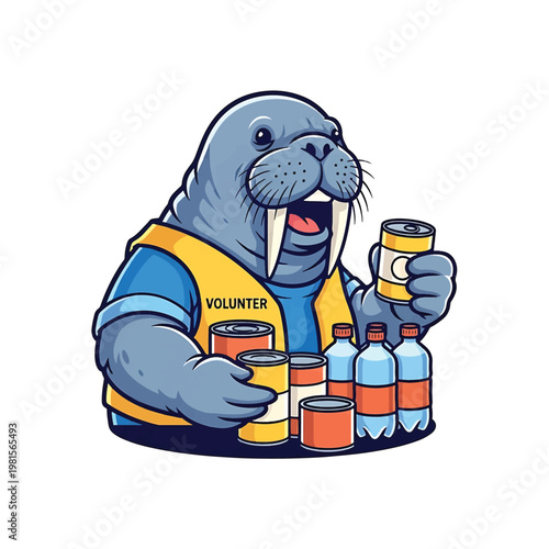Volunteer walrus sorting and distributing canned goods and bottled water