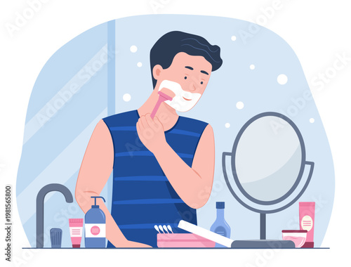 Handsome Man Shaving Mustache in Front of Mirror in Bathroom for Facial Treatment and Healthcare Routine Concept Illustration