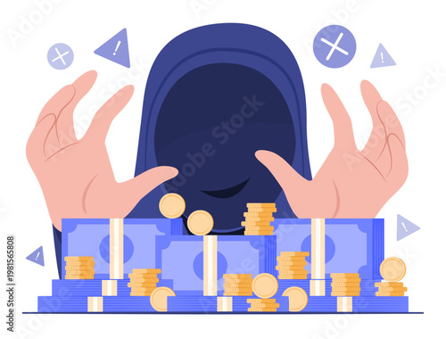 Scammer Thief in Hood Steal the Cash Money Bundles and Coins for Financial Risk Concept Illustration Clip Art