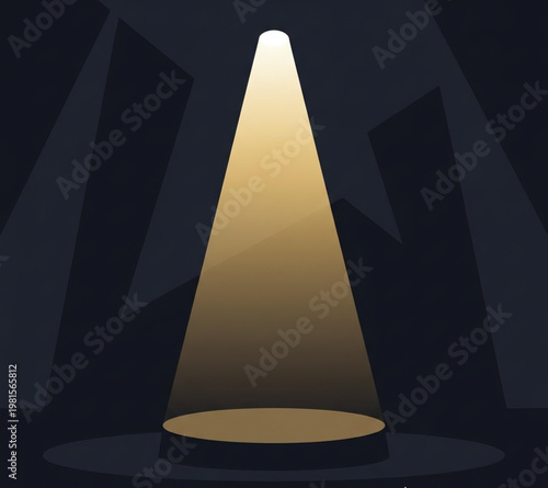 Golden spotlight beam illuminates an empty, dark stage, casting a brilliant glow on the circular platform, creating an atmosphere of anticipation and focus for a performance or presentation