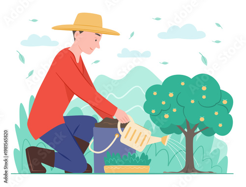 Farmer Man Watering Fruit Plant in Garden for Gardening, Cultivation and Agriculture Concept Illustration Clip Art