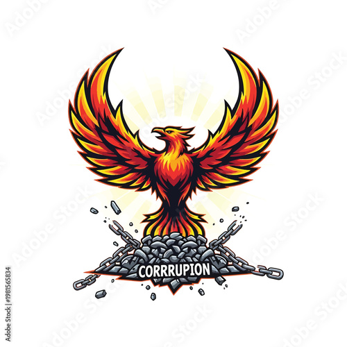 Phoenix rising over broken chains with corruption badge