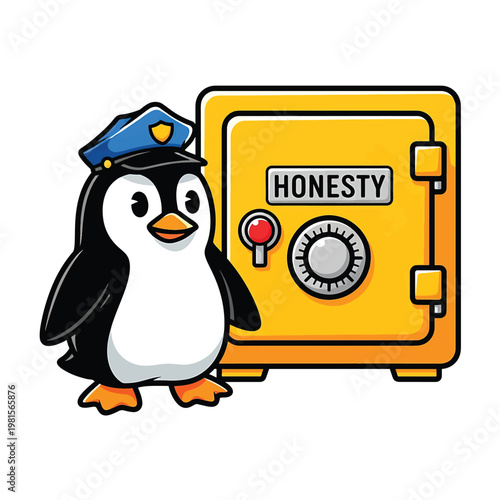 Penguin Police Mascot Next to Safe with Honesty label
