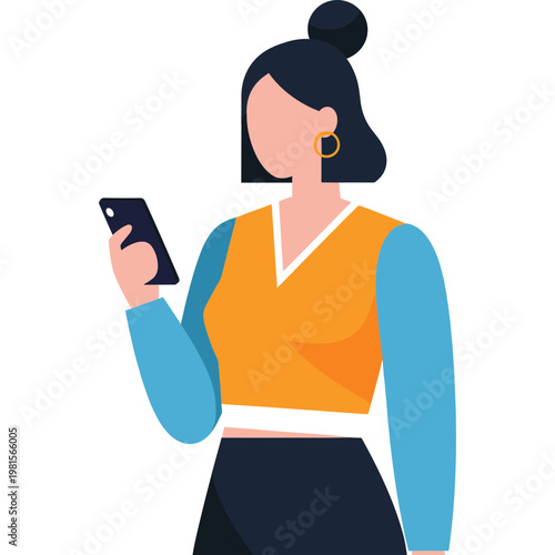 Woman looks at her phone with a stylish outfit on indoors