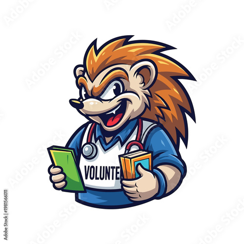 Volunteer hedgehog mascot reading a green note and holding a book