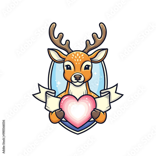 Cute Deer with Heart Emblem and Ribbon