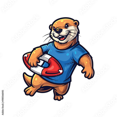 Otter wearing blue shirt carrying a red and white life buoy