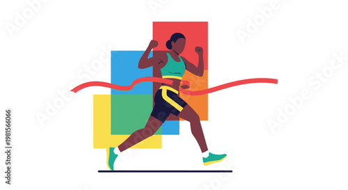 Female Athlete Crossing Finish Line Flat Illustration