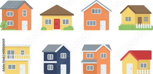 Colorful House Icon Set with Various Styles, Roofs, and Gardens for Real Estate, Home, and Neighborhood Design Projects