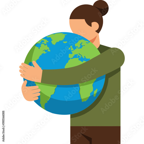 A person hugging the Earth globe tightly in a caring embrace indoors.
