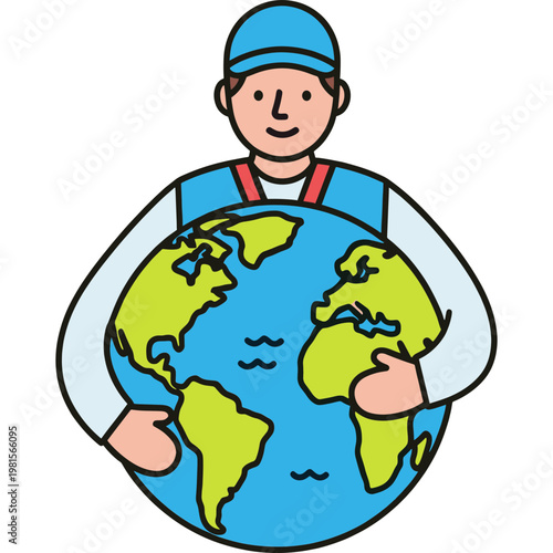 A smiling man in a blue uniform holds the Earth globe tightly.