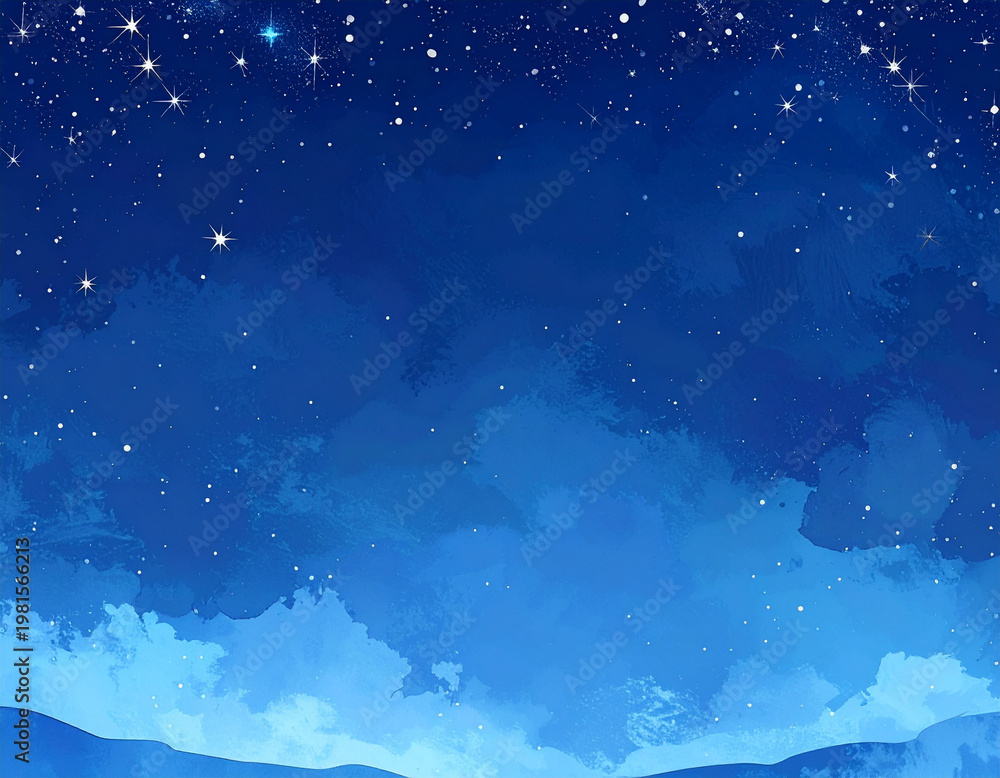 Naklejka premium 水彩タッチで描かれた深みのあるグラデーションが美しい夜空と満点の星々の幻想的なイラスト背景素材。上部にきらめく星々、下部に広がる青い空間は広々としたコピースペースとなり、WebサイトやSNS投稿、プレゼンテーション資料、メッセージカードなど様々な用途で文字入れやデザイン配置が容易。神秘的でロマンチックな雰囲気は、夢や希望、癒しを表現するコンテンツに最適です。