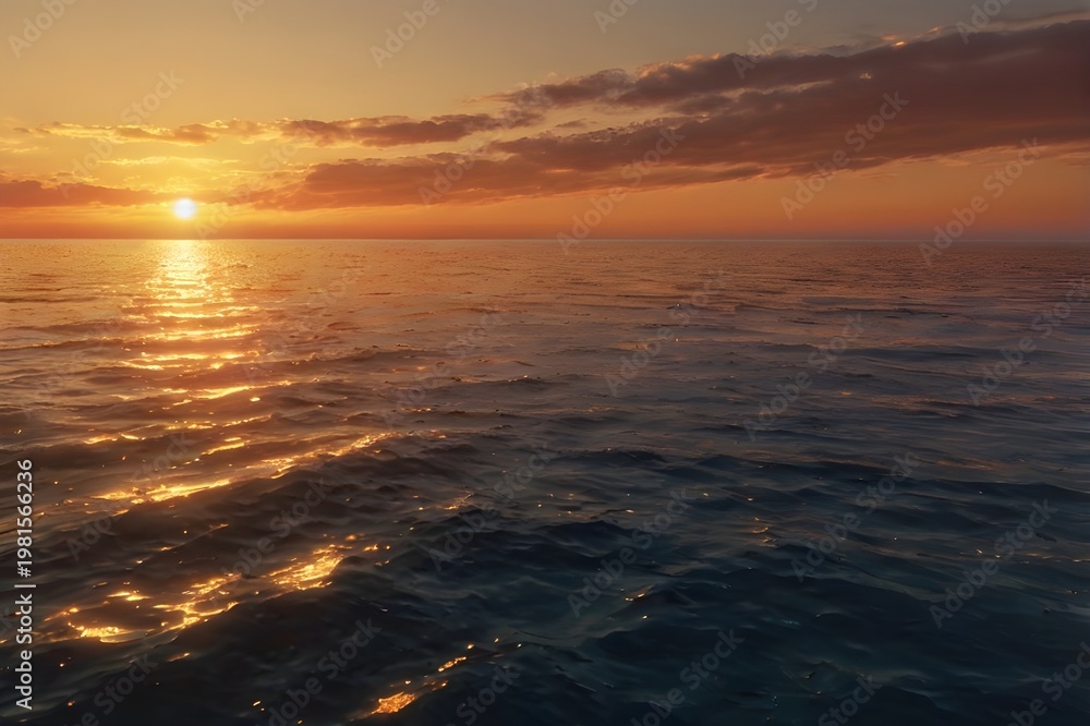 Obraz premium 水平線に沈む美しい夕陽と穏やかな海の風景（AI生成）