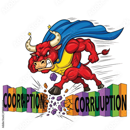 Red demon bull charging through bricks of corruption
