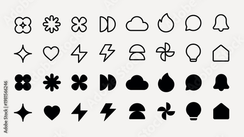 Collection of black icons: flowers, clouds, flames, hearts, and light bulbs. Simple, bold icons for design. Perfect for minimalist, modern projects. User interface icons, UI icon vector set.