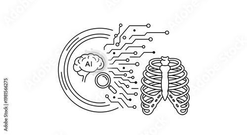 AI analyzing human rib cage with magnifying glass and circuit board