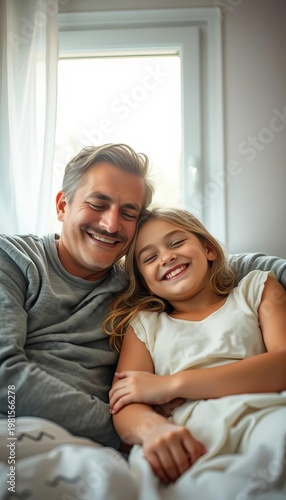 Soft light paints sleepy smiles, a tender tableau of shared awakening ,  comfort,  togetherness