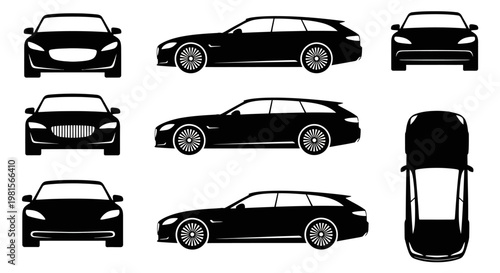 Multiple Views of a Black Station Wagon Car Silhouette