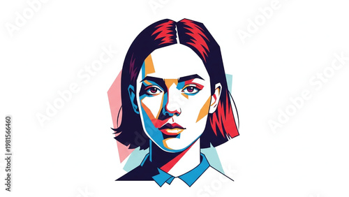 Vibrant colorful illustration of a young woman's face in a modern pop art style with bold geometric shapes and bright colors on white background.