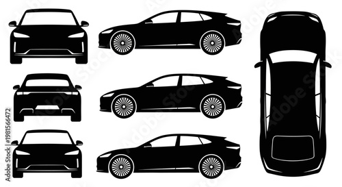 Modern Car Silhouettes: Front, Side, and Top Views